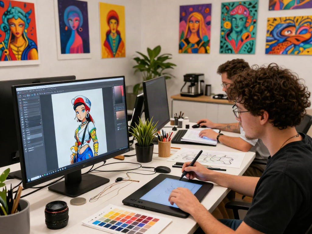 AI NSFW artists collaborating in a vibrant digital studio full of creative tools and bright artworks.