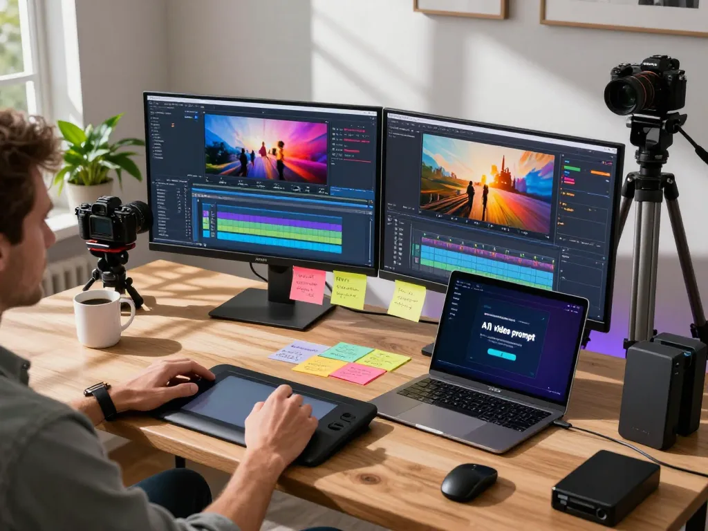 Content creator using video to prompt ai technology in a vibrant editing workspace with dual monitors and creative atmosphere.