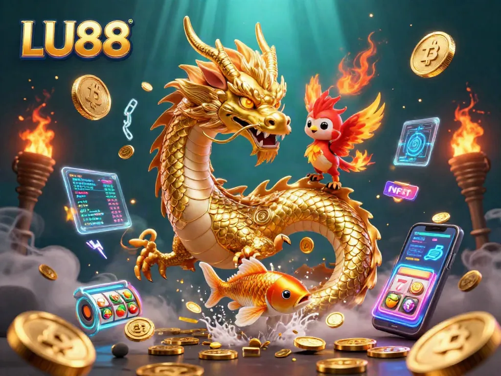 LU88 enhances your gaming with a dynamic scene of a golden dragon, phoenix, and koi amidst cashing rewards.