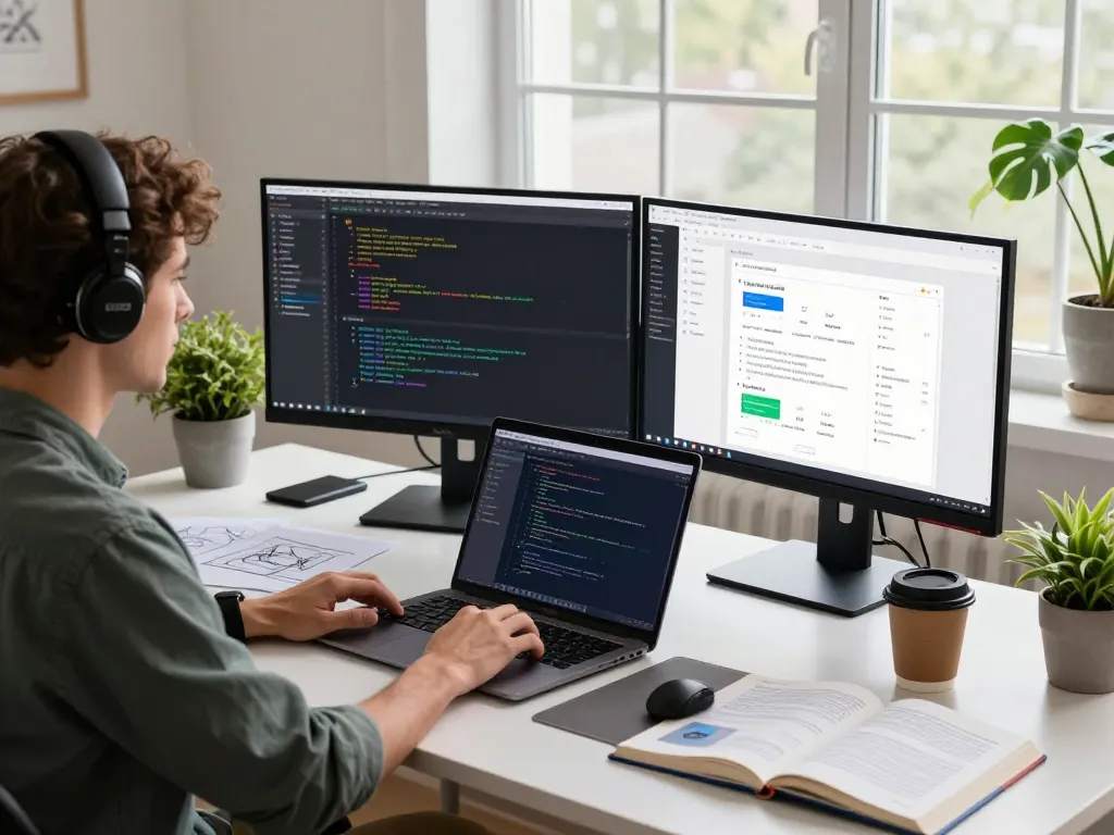Developer using clawbot in a modern tech workspace with screens displaying code and design