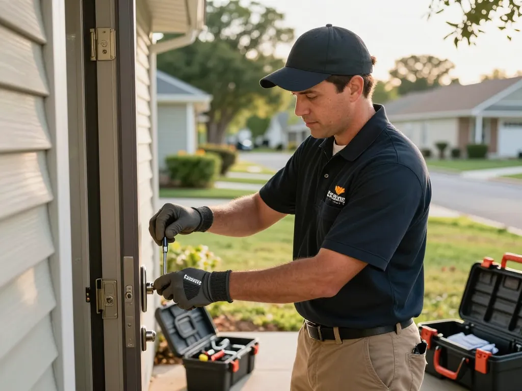 Local locksmith Fort Pierce assisting homeowners with unlocking door using advanced tools in bright residential area.