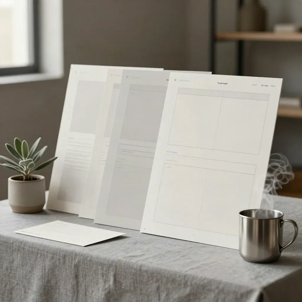 Landing page mockup boards with a proof card, small plant, and steaming cup