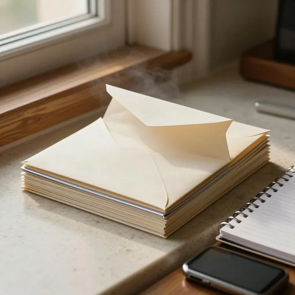 Sealed envelopes, face-down phone and tabbed reply notebook on travertine ledge