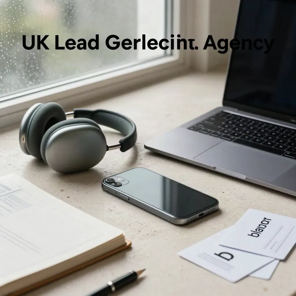 Closed laptop, phone, headset and lead binder on pale stone in misty window light