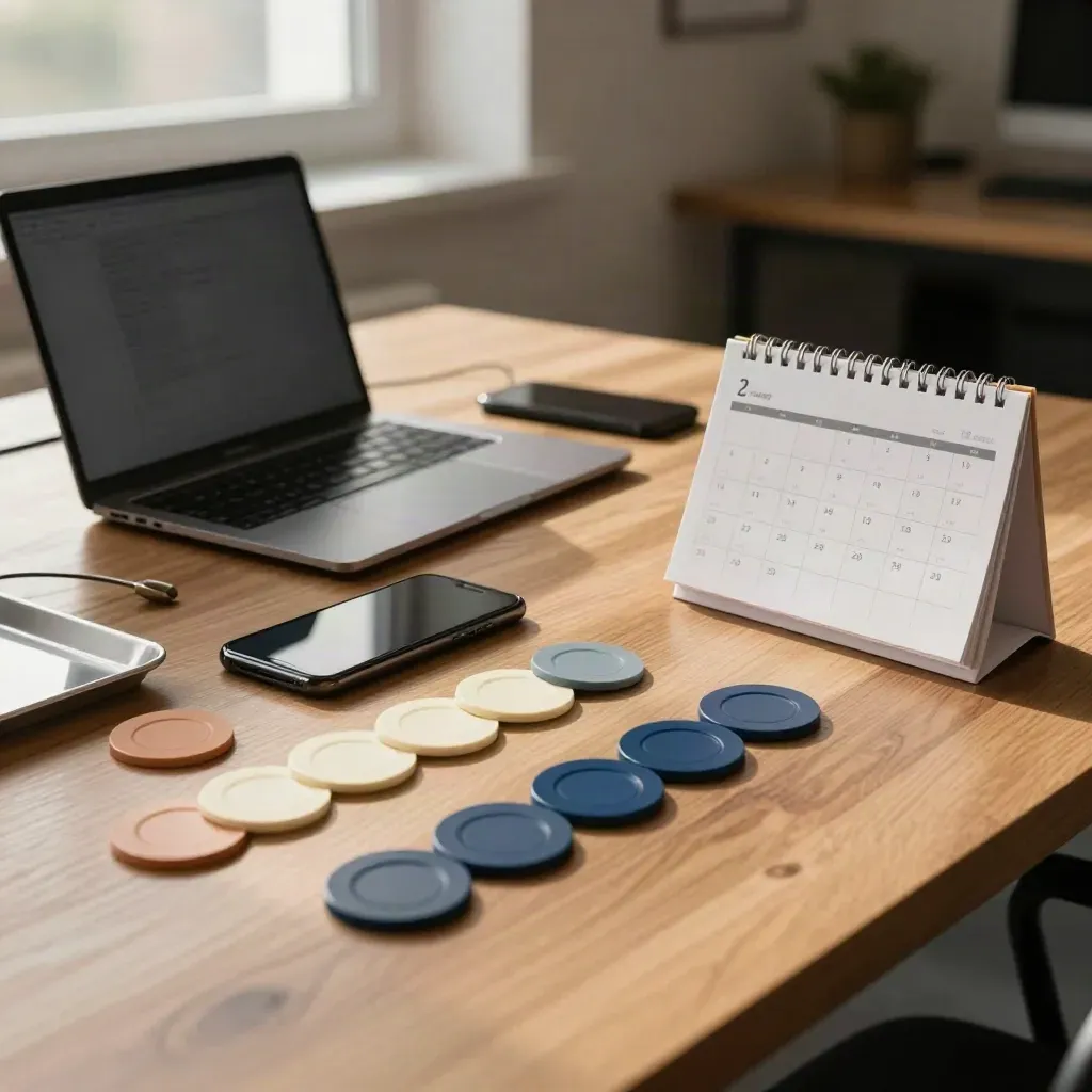 Warm lead-planning desk with laptop, phone, calendar block and campaign chips in soft window light.