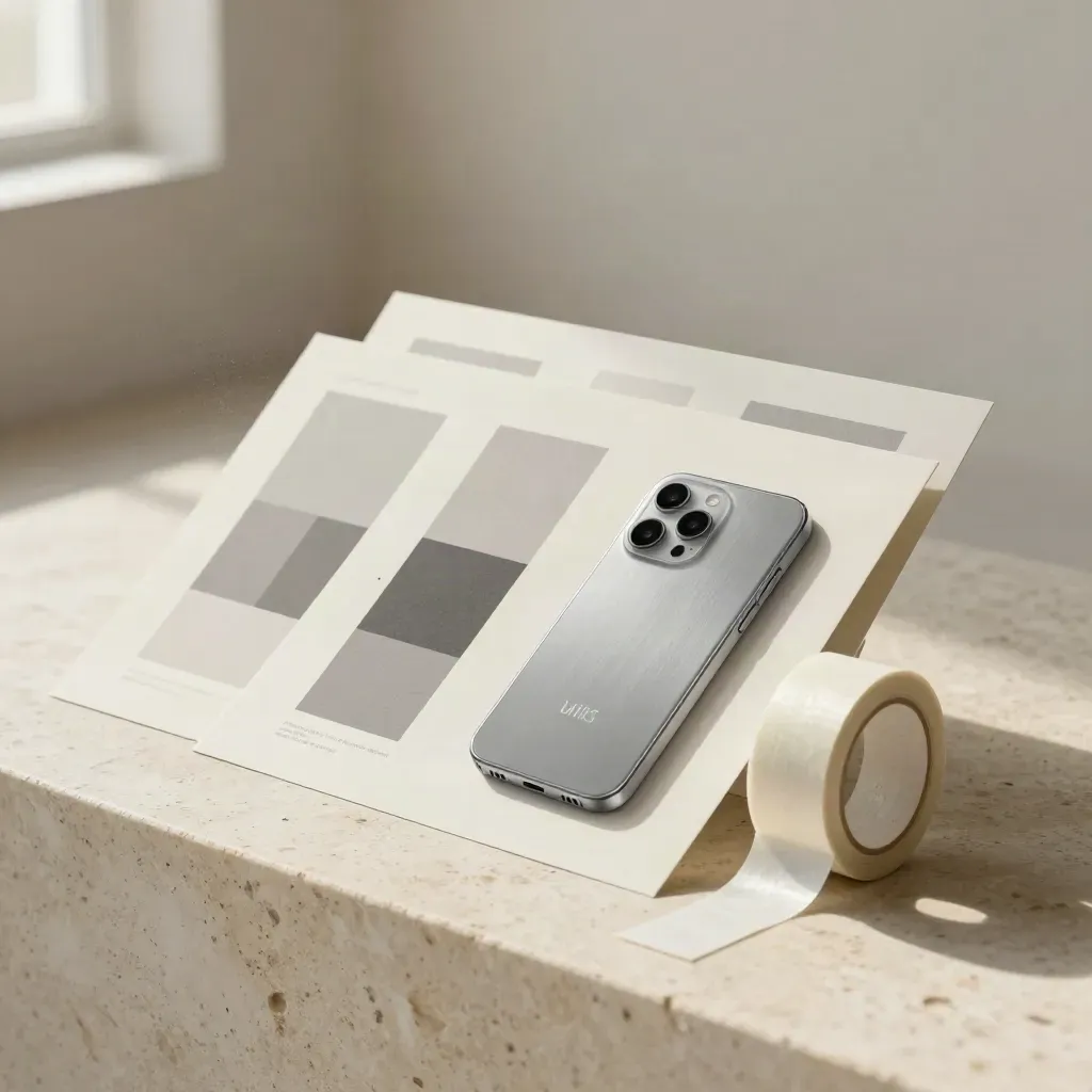 Three landing page mockups with a phone and tape on travertine, lit by soft daylight.