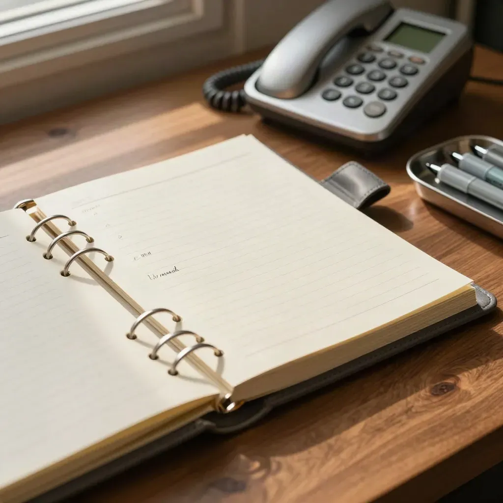 Overhead CRM binder, phone and metal tray on warm wood in soft morning light.