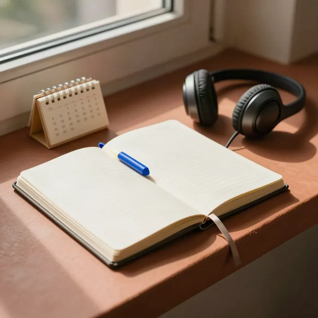 Ring-bound appointment notebook, headset and turned calendar block on a warm office windowsill