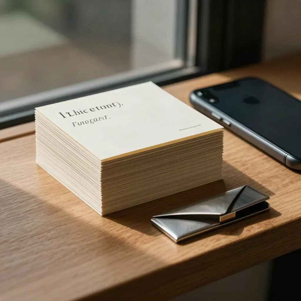 Reply cards, phone glow and steel opener on an oak shelf, lit by a warm beam.