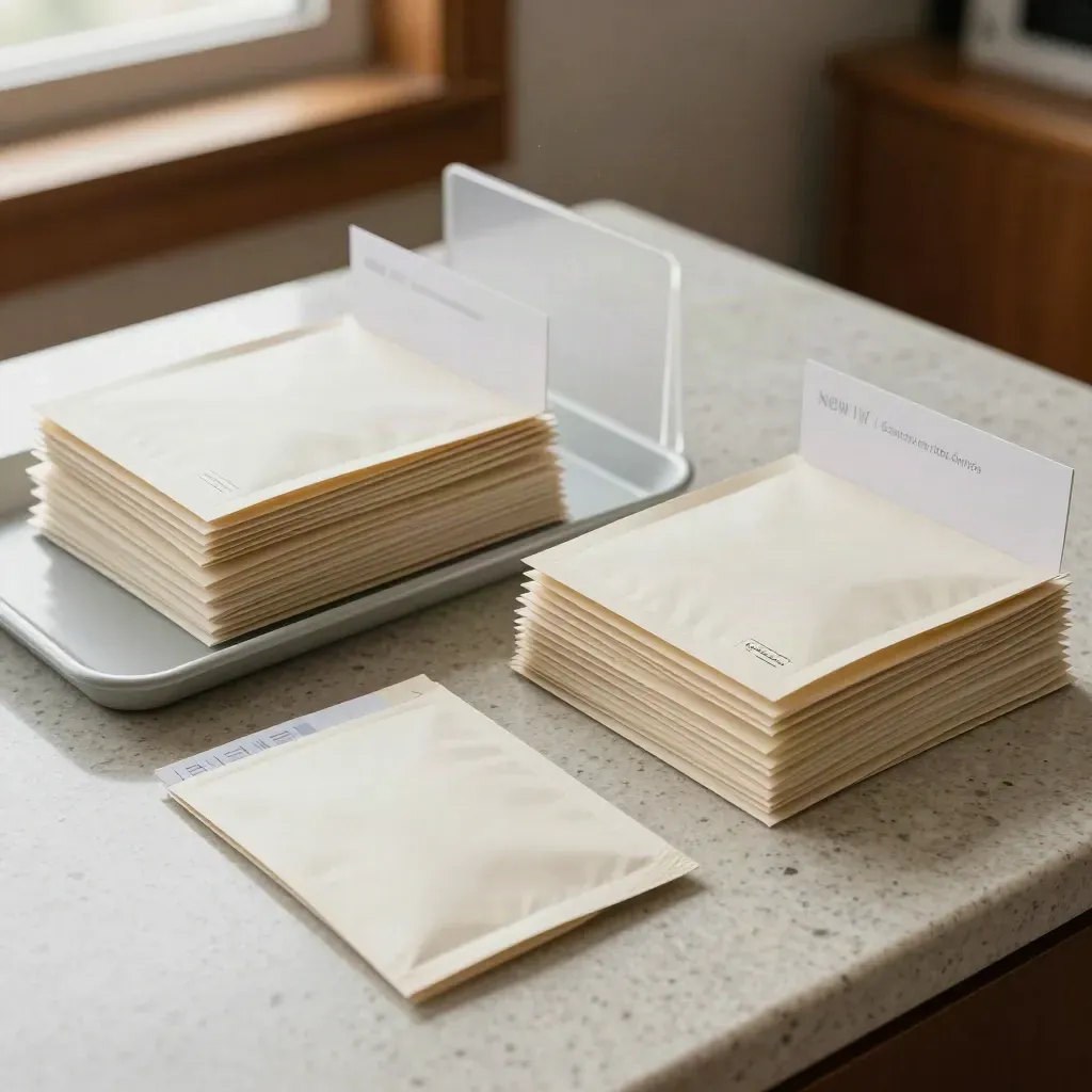 Overhead stack of lead cards and reject piles on travertine under soft daylight.