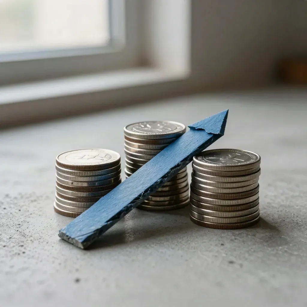 Silver budget stacks and a blue lead stack crossing concrete in a PPC spend-split close-up.