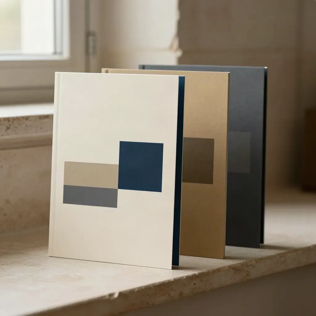 Three layered offer mockups slide forward on a plaster ledge in soft daylight.