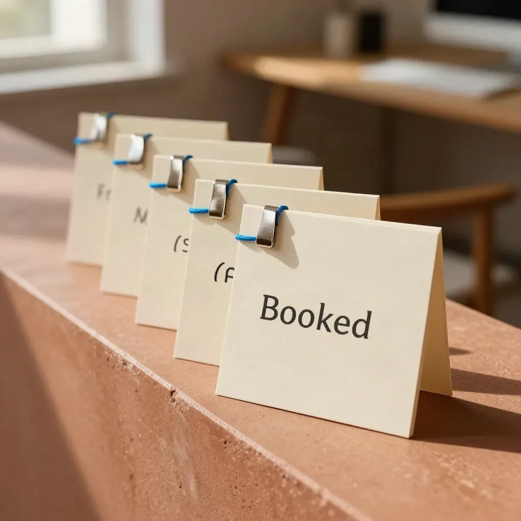 Clipped sales cards linked by electric-blue string markers on a terracotta ledge, warm daylight.