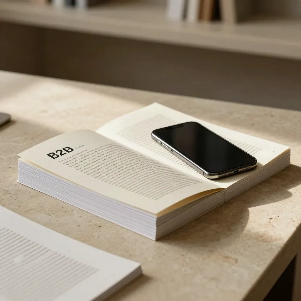 Lead-page print stack with phone and proof sheet on pale stone, lit from above.