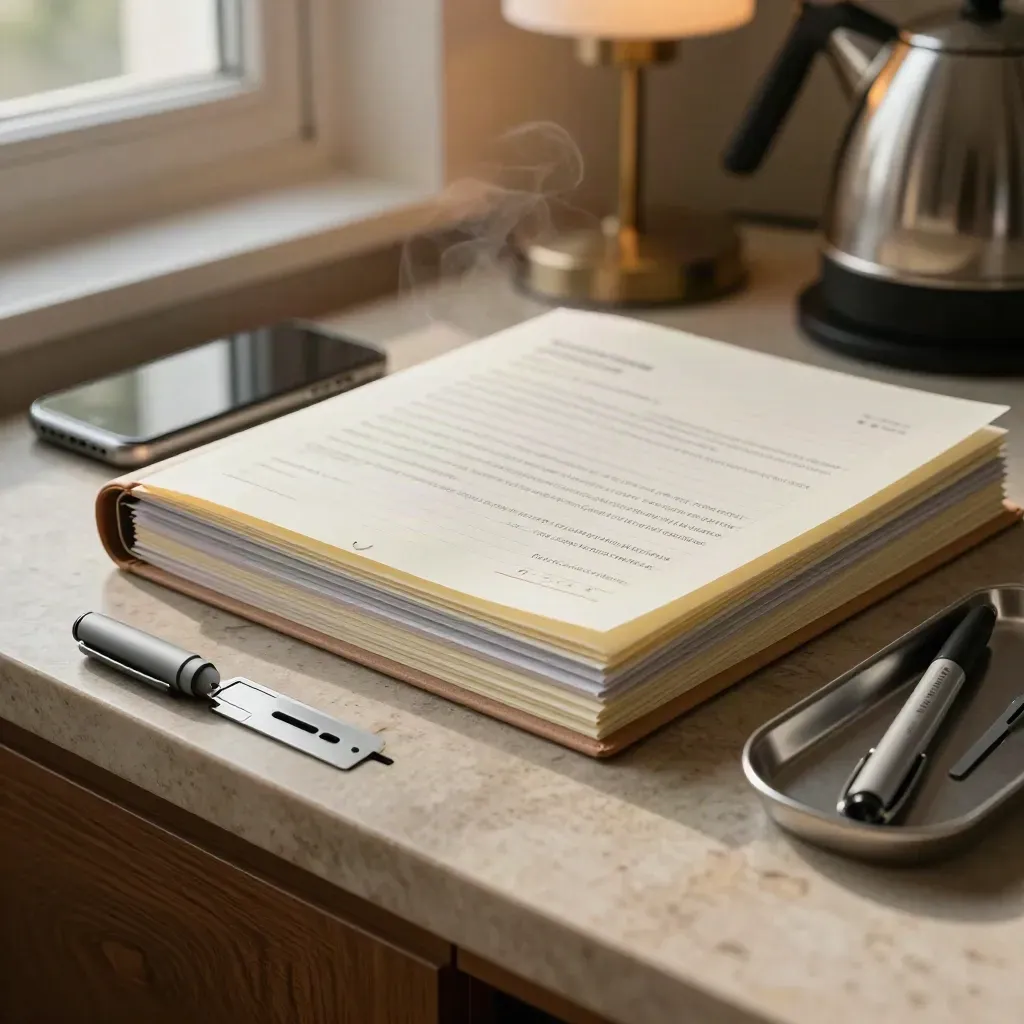 Reply script stack beside a muted phone and silver tray on a warm limestone sideboard.