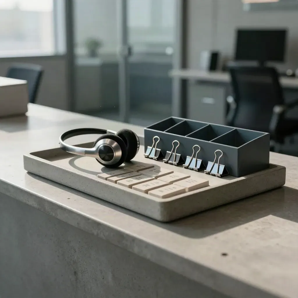 Lead booking tray with date blocks, headset and aligned clips on a concrete counter.