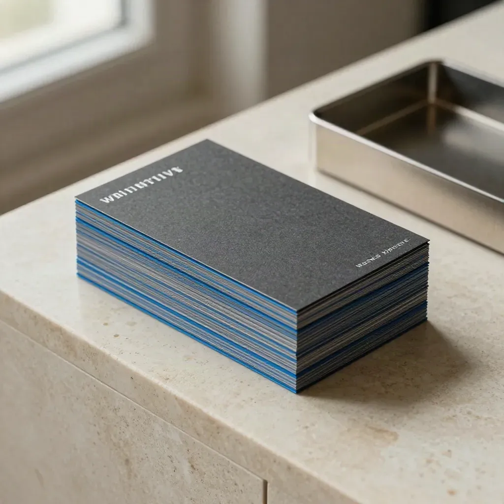 Weekly report cards stacked in a tray with blue edge bands and soft office light.