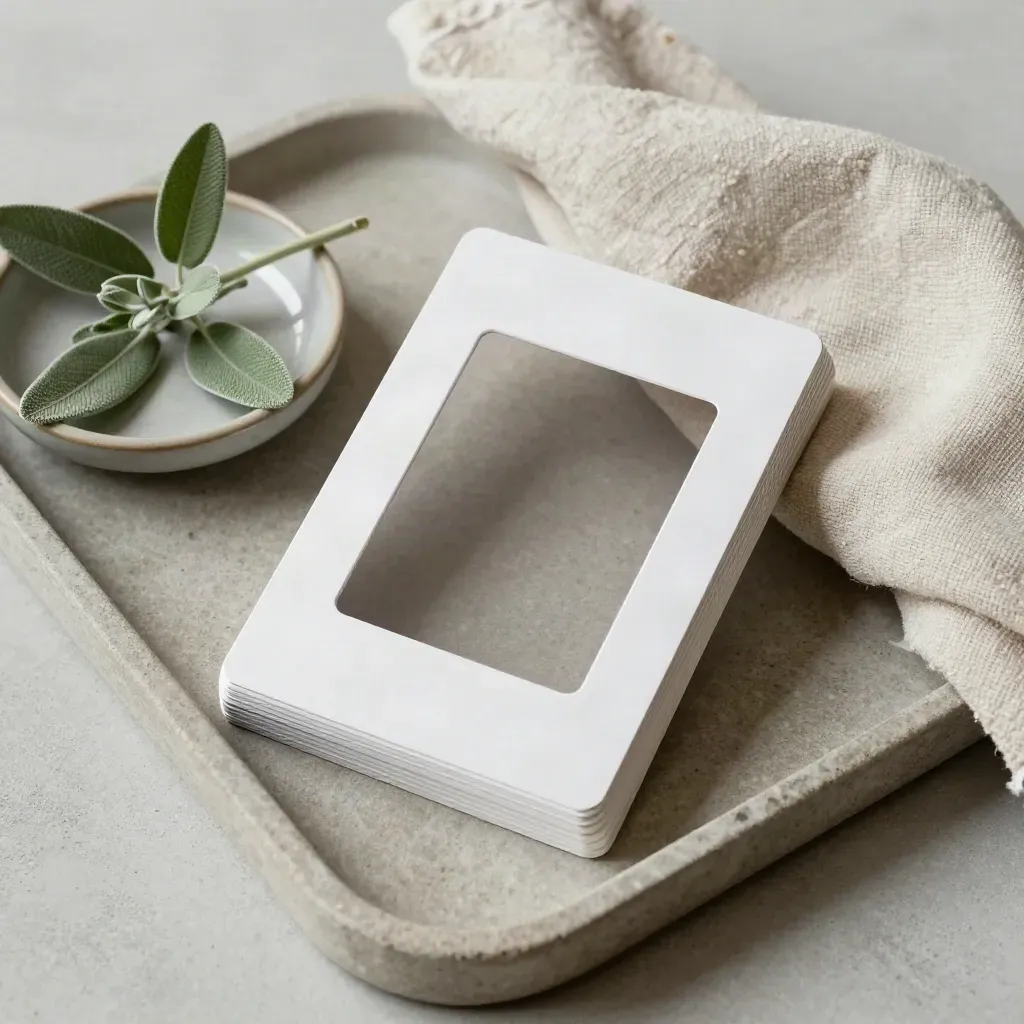Overhead still life of landing-page proof cards on stone with plant, cloth and ceramic dish.