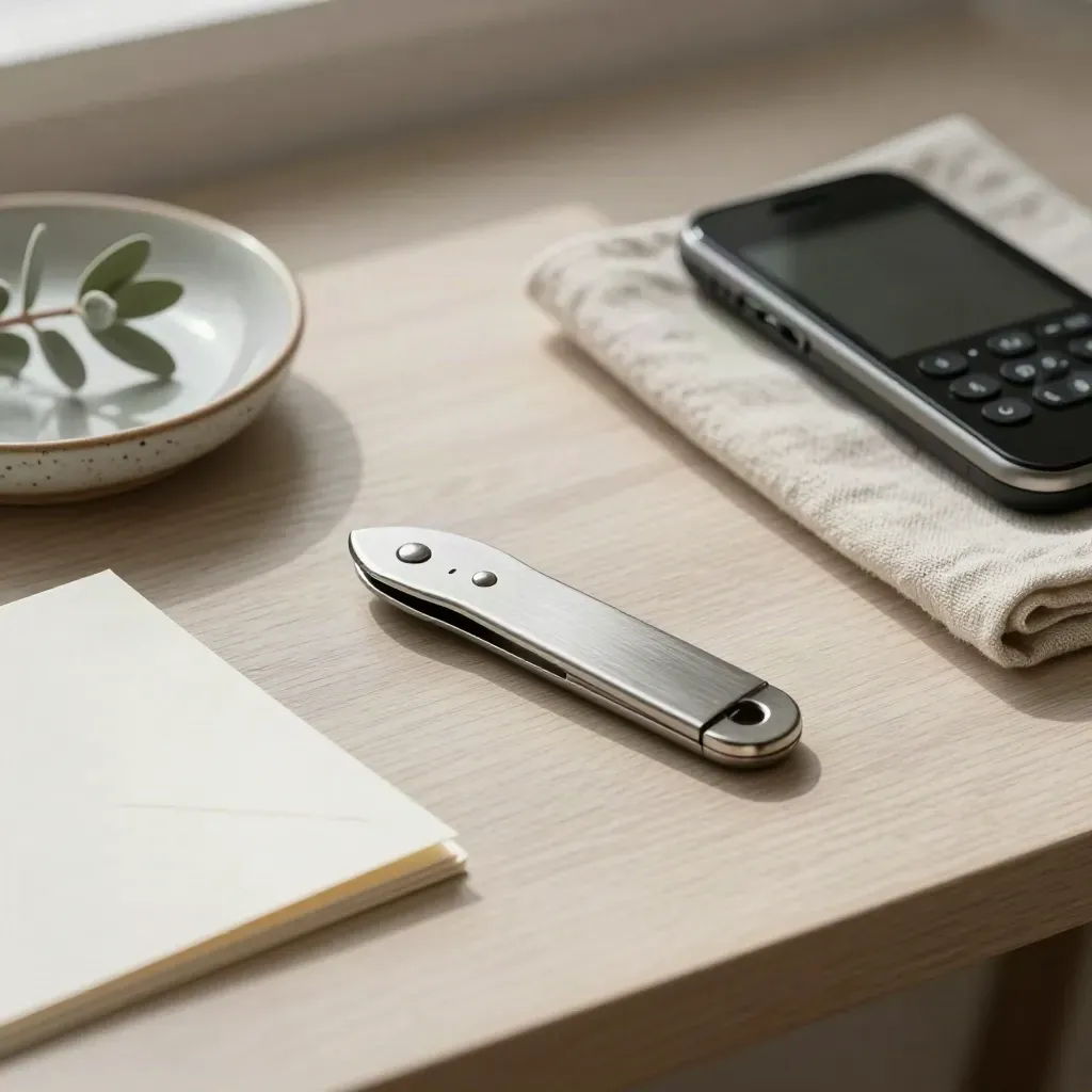 Letter opener, reply cards, phone, plant and linen on pale wood with soft daylight