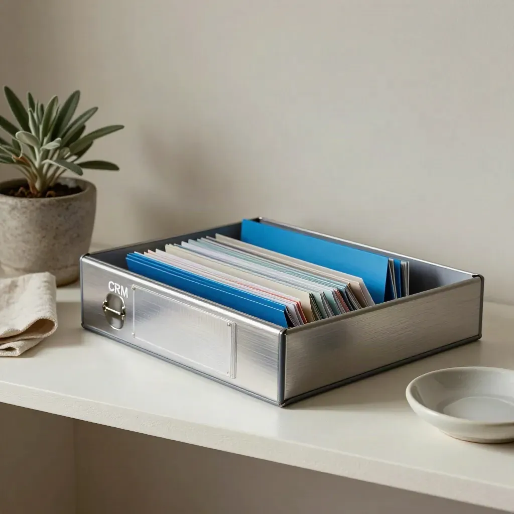 Brushed-metal CRM binder with tabs, plant, linen cloth, and ceramic dish on a pale shelf.