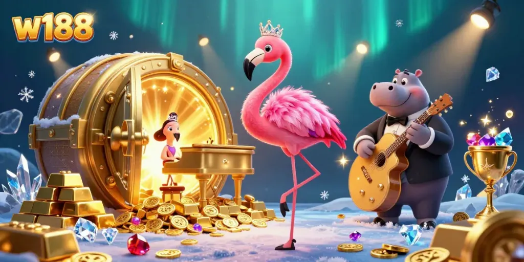 Experience the vibrant world of W188 with a lively cartoon scene featuring a flamingo singer and hippo bassist amidst treasures.