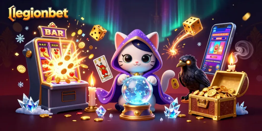 Engage with legionbet's vibrant casino scene featuring winnings, games, and mystical characters.