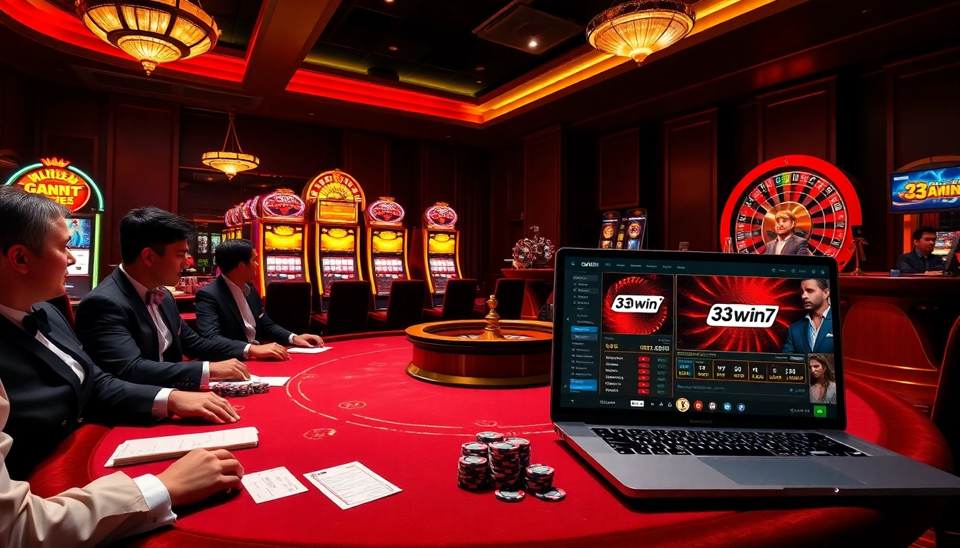 Engaged players at a poker table, showcasing the excitement of 33win com7 online gambling.