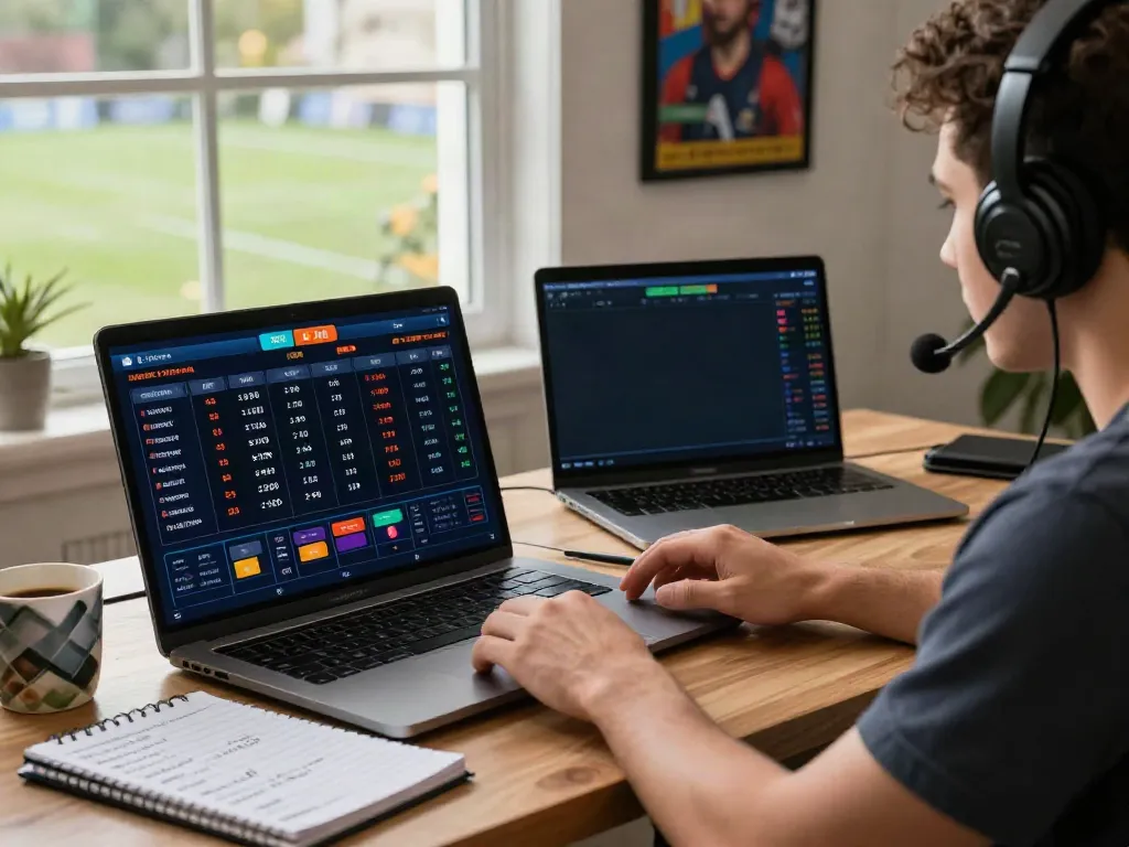 Live betting experience on https://9bet.ru.com/ in a modern home office setting, showcasing sports statistics and user engagement.
