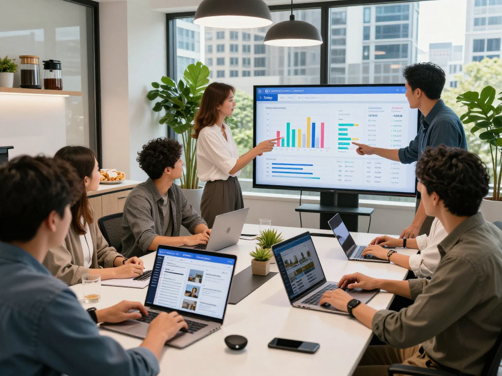 Dynamic meeting showcasing airbnb management melbourne strategies, vibrant office atmosphere with team collaborating on rental listings.