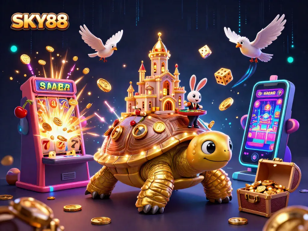 Experience thrilling wins at SKY88 with a vibrant 3D casino scene showcasing exciting games and golden rewards.