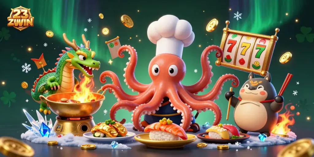 Win big with 23WIN while enjoying a vibrant 3D casino illustration featuring animated characters and gaming elements.