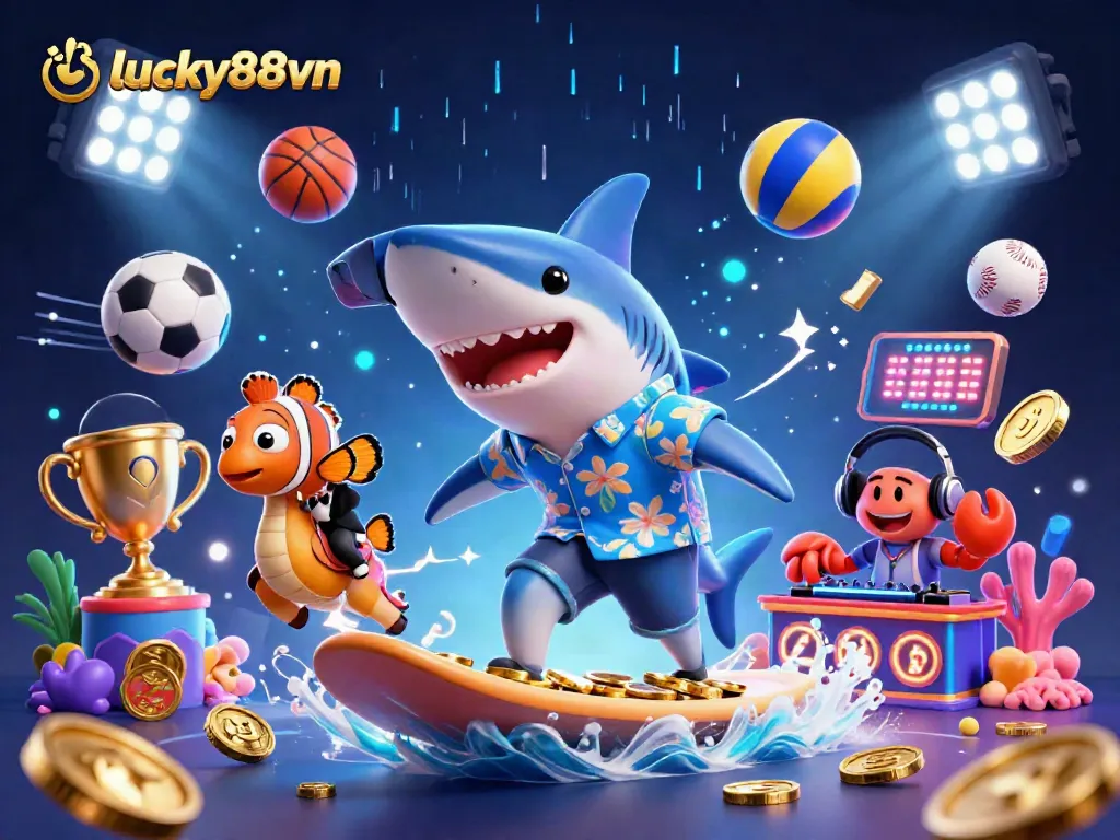 Engage with lucky88vn as a hammer-head shark surfs gold coins in a dynamic casino-themed scene.