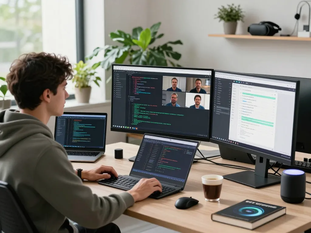 Engineer using clawbot software in a modern workspace with multiple monitors and tech gadgets.