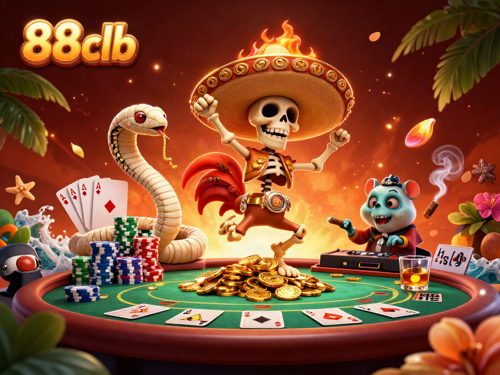 Experience the vibrant casino energy at 88clb with a festive scene featuring unique characters and poker elements.