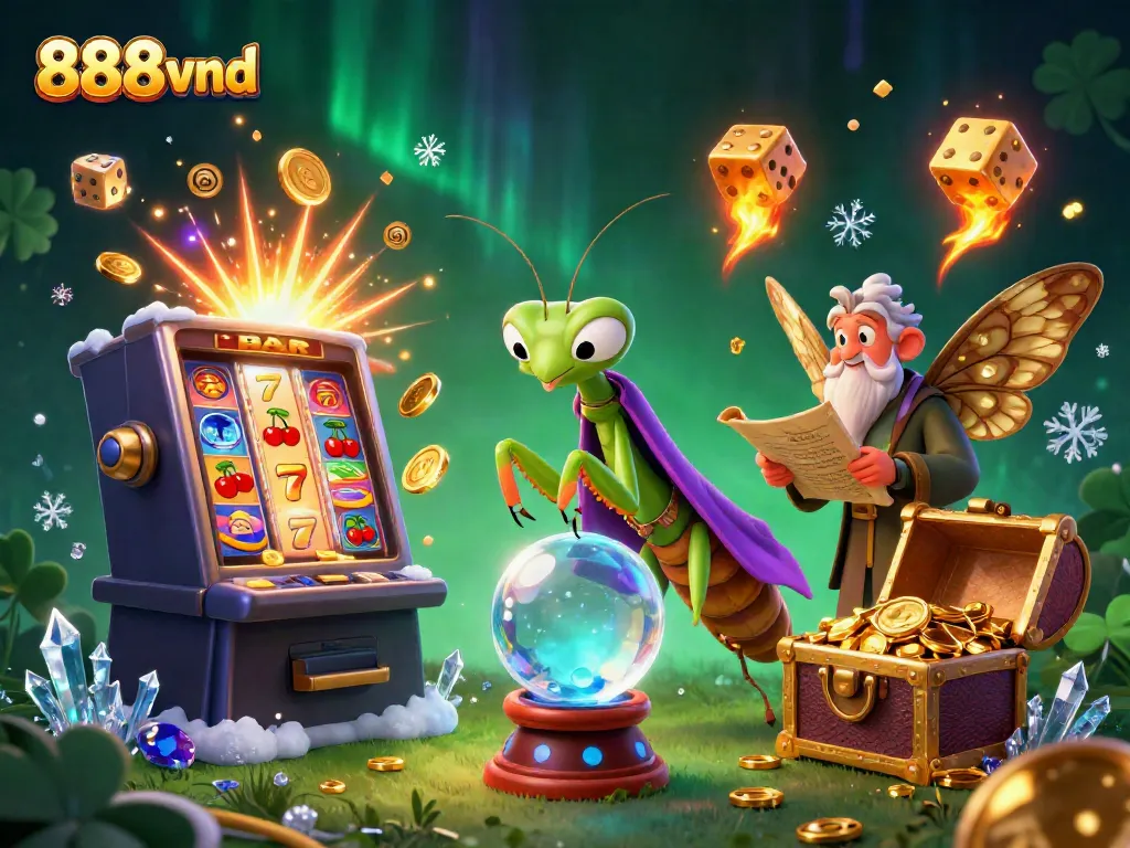 Engage with 888vnd gaming magic in a colorful casino-themed digital illustration.