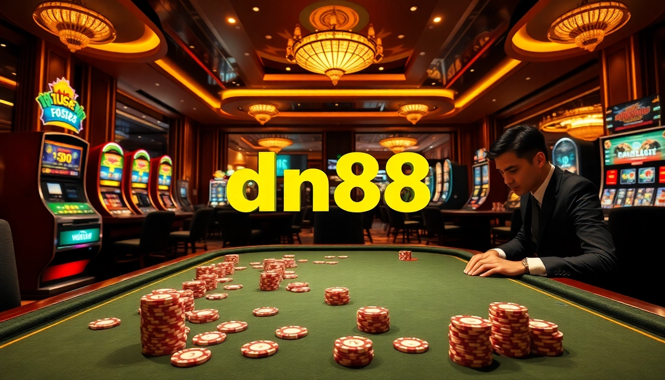 Engaging players accessing dn88 đăng nhập at an elegant casino table filled with vibrant slot machines and poker chips.
