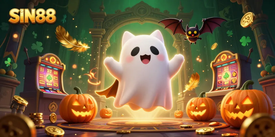 SIN88 invites players to enjoy a vibrant casino experience with floating characters, slot machines, and enchanting elements around them.