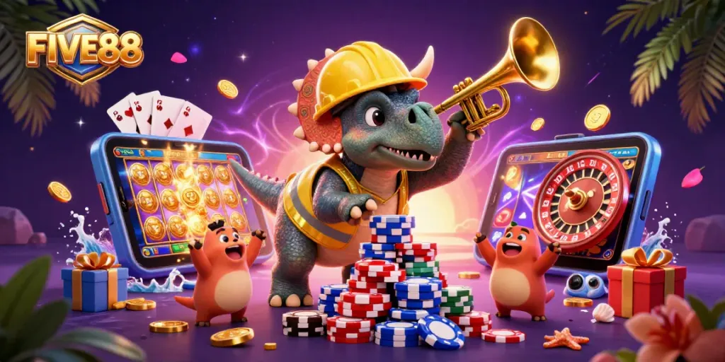 FIVE88 captures excitement with a triceratops constructing poker chip towers amid a casino celebration.