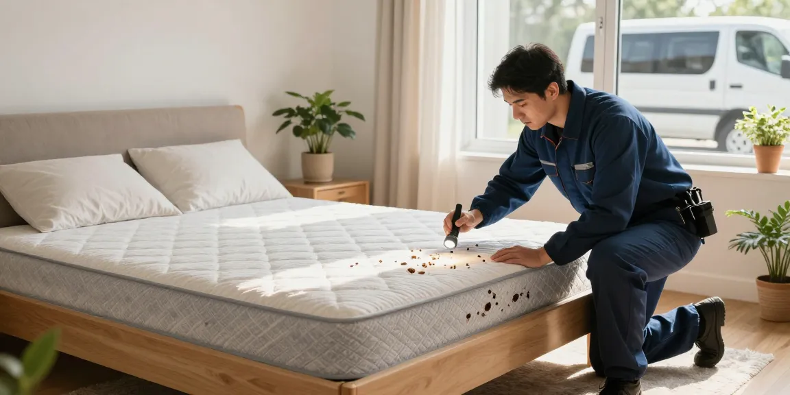 Professional inspecting for bed bug pest control in a serene bedroom with natural light.
