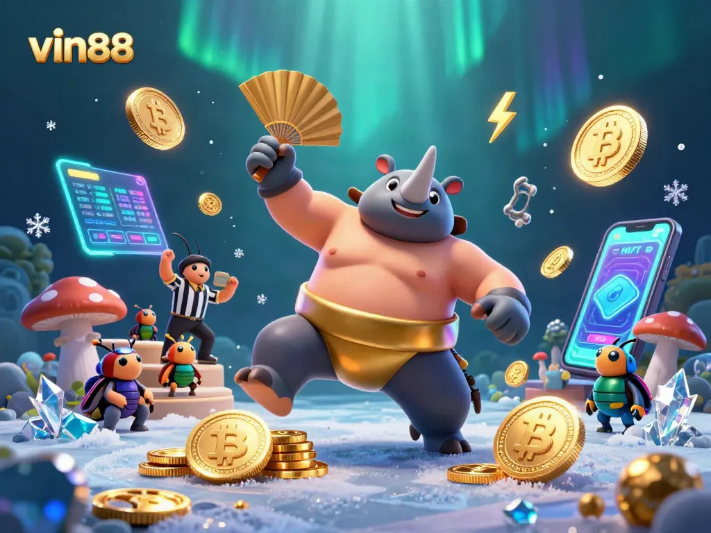 Delve into vin88’s vibrant world of online gambling with a dynamic scene of beetles amidst flying coins.