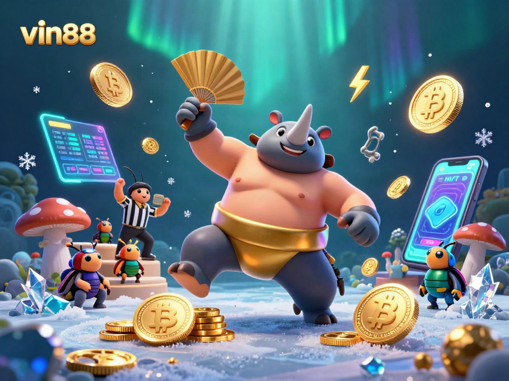 Delve into vin88’s vibrant world of online gambling with a dynamic scene of beetles amidst flying coins.