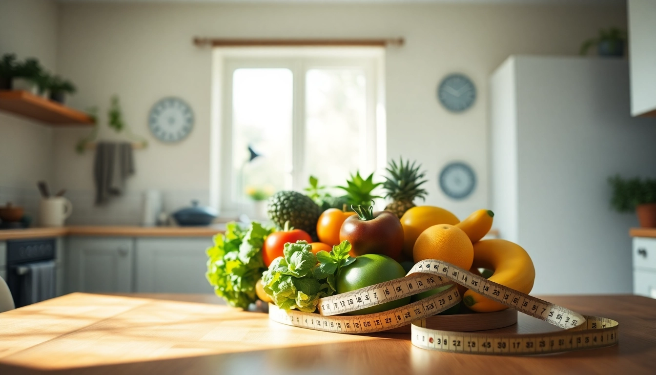 Inspiring weight loss journey: fresh fruits and veggies in a bright kitchen.