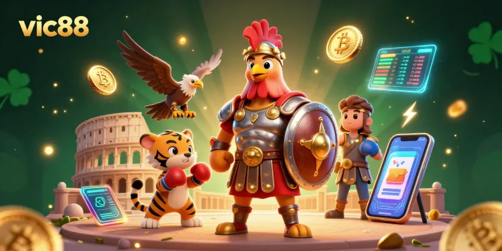 Experience vic88's thrilling casino action with a vibrant 3D scene showcasing unique gaming elements.