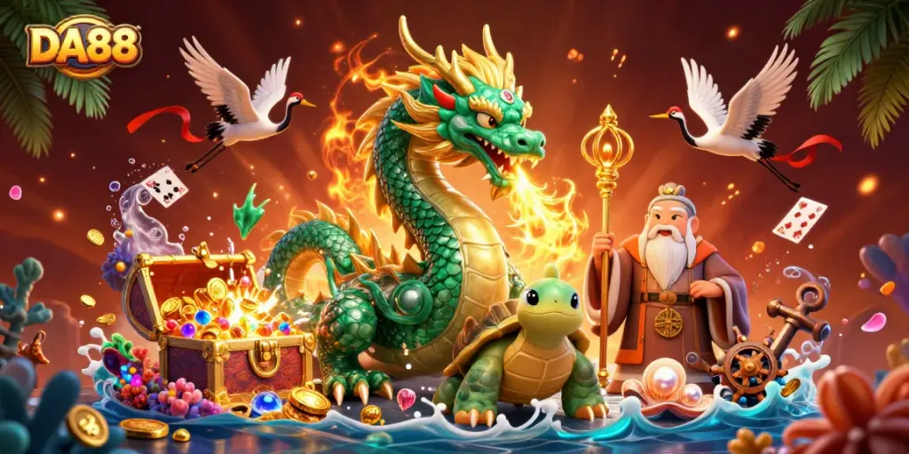 Engage in thrilling DA88 experiences with a jade dragon and treasure-filled adventures.