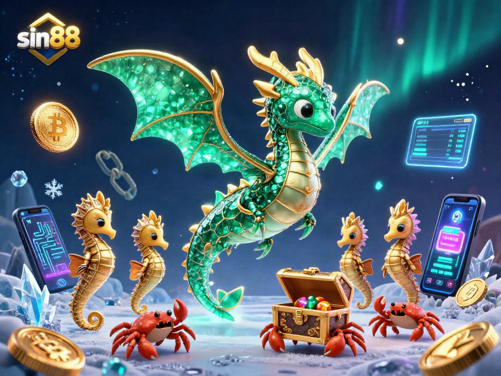 Experience thrilling gaming at sin88 with a spectacular 3D casino scene featuring mythical creatures and crypto elements.