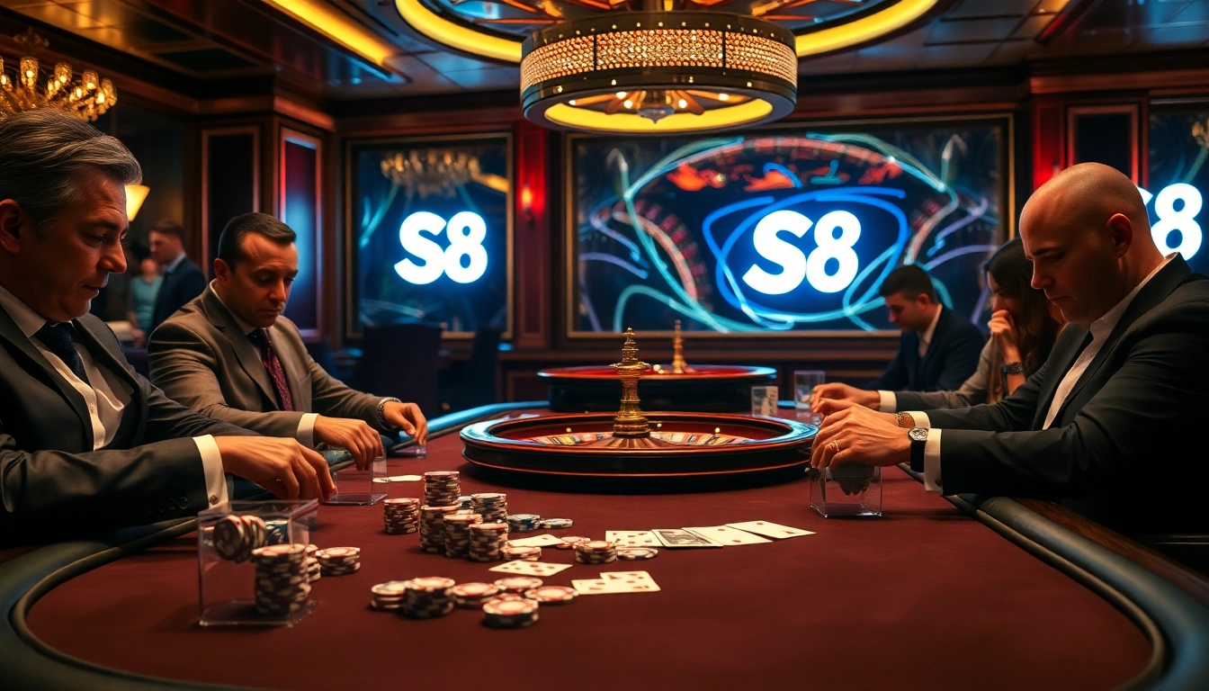 Experience the thrill of betting at the luxurious S8 casino table with vibrant gaming elements.