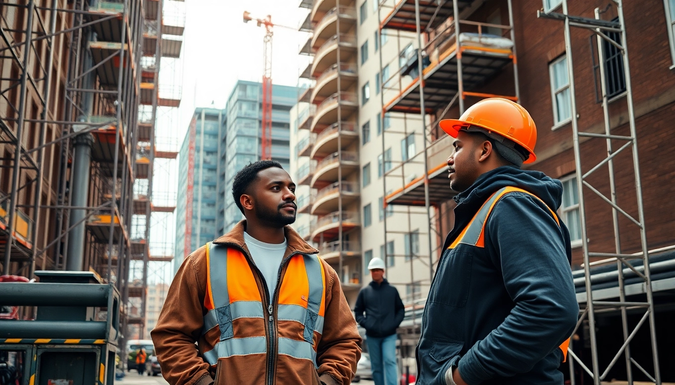 Scaffolders Manchester collaborating on an urban construction site with vibrant scaffolding.