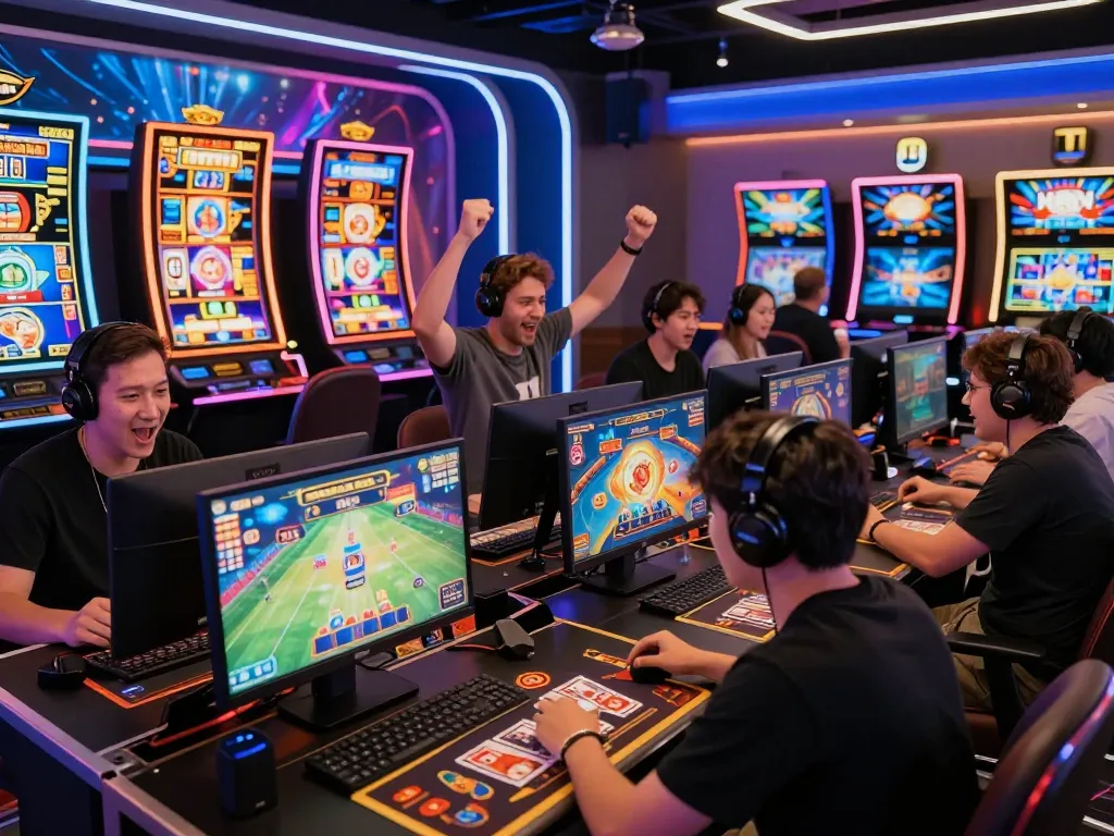 Sunwin online gaming experience with players enjoying vibrant card and slot games in a lively virtual casino.