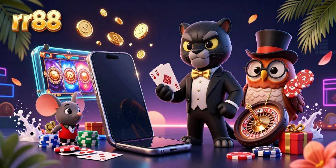 Engage in thrilling slots and win at rr88 with a stylish panther dealer, an owl holding chips, and a lucky mouse.