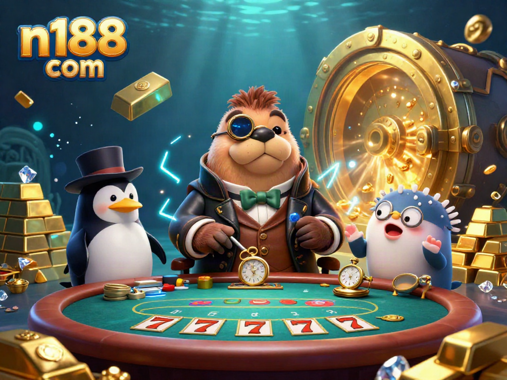 Experience thrilling slots at n188 com with a vibrant underwater poker scene featuring iconic characters and treasures.